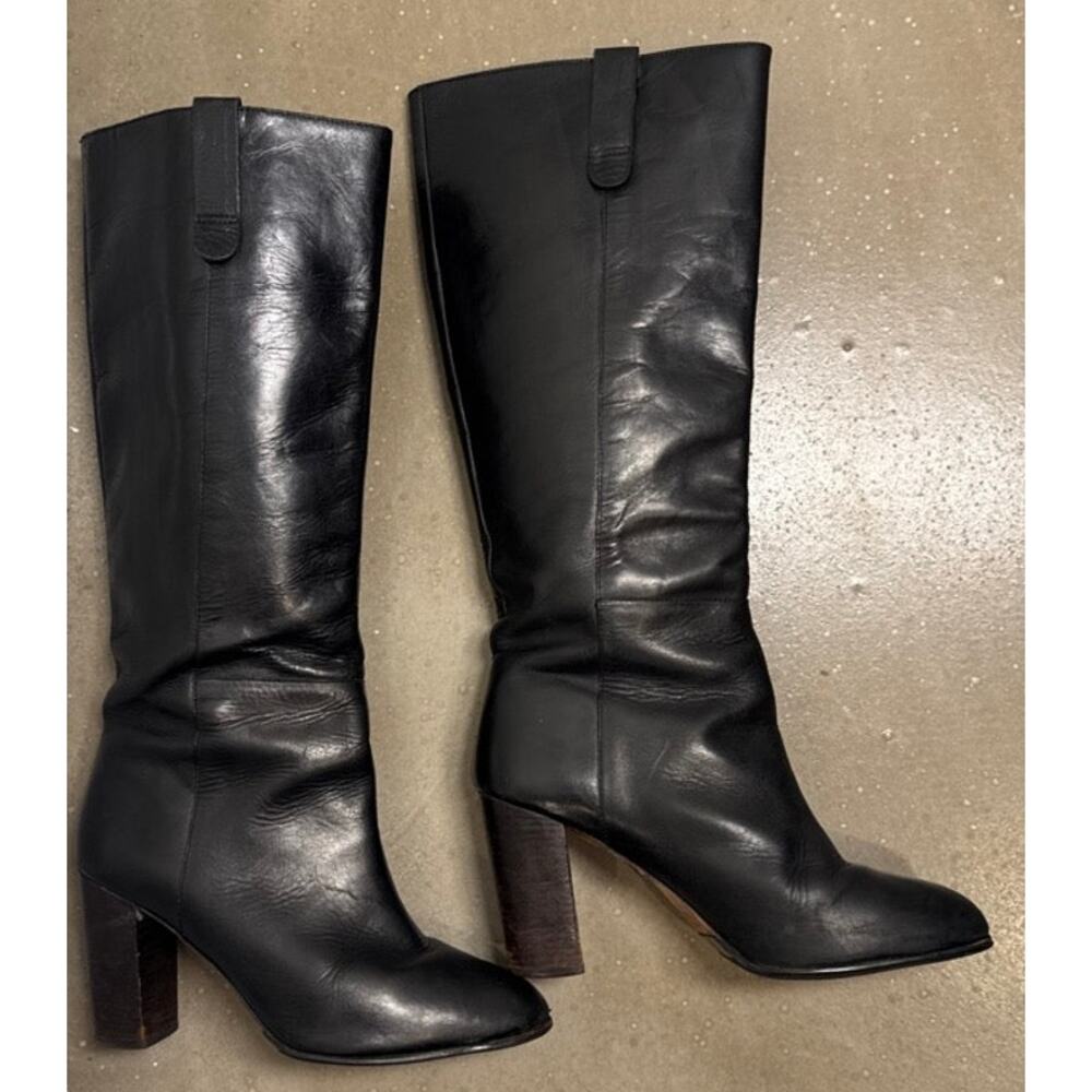 Loeffler Black Leather Knee-High Boots Stacked Block Heel, Size 9